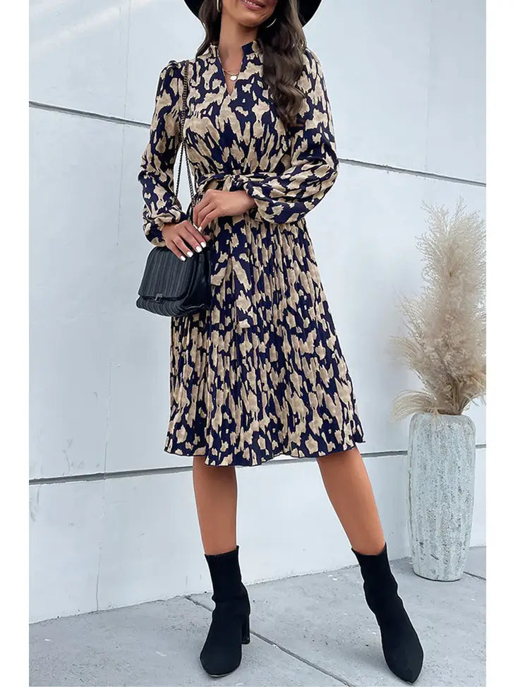 Navy & Brown Patterened Dress