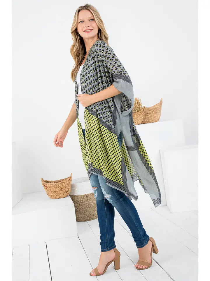 Green and Grey Print Kimono