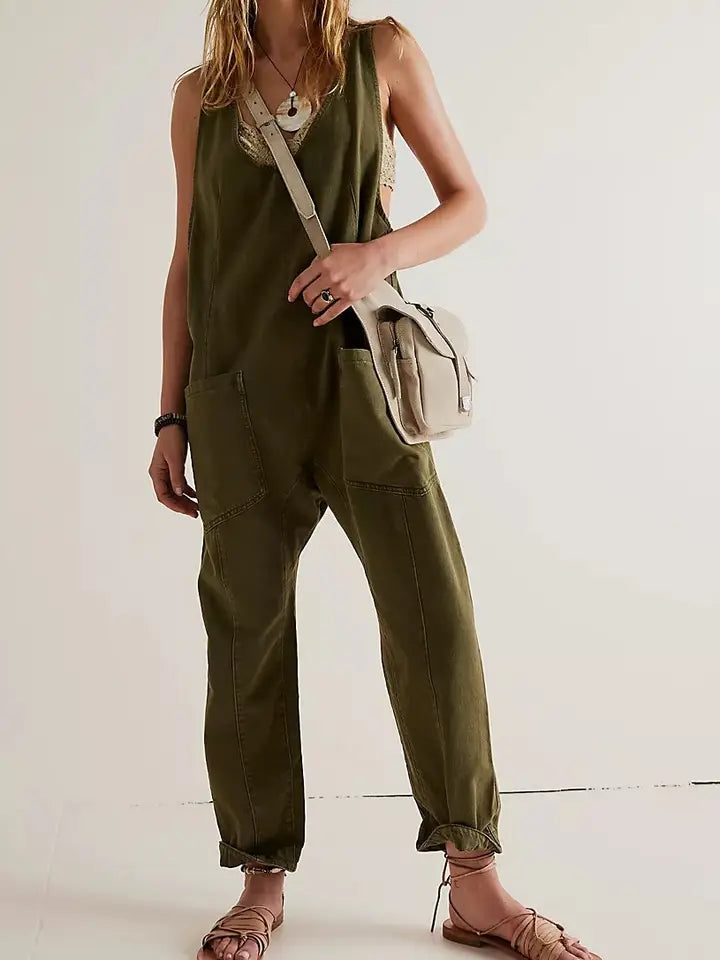 Scoop Neck Denim Jumpsuit - Olive