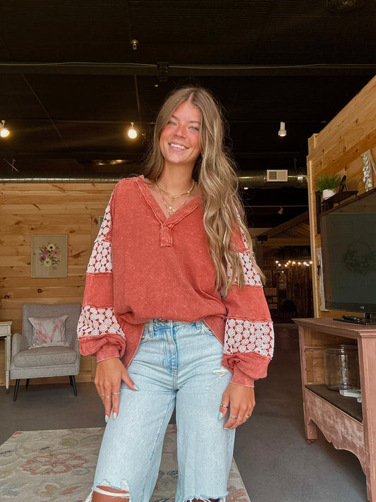 Lace Sleeve Burnt Coral Crewneck