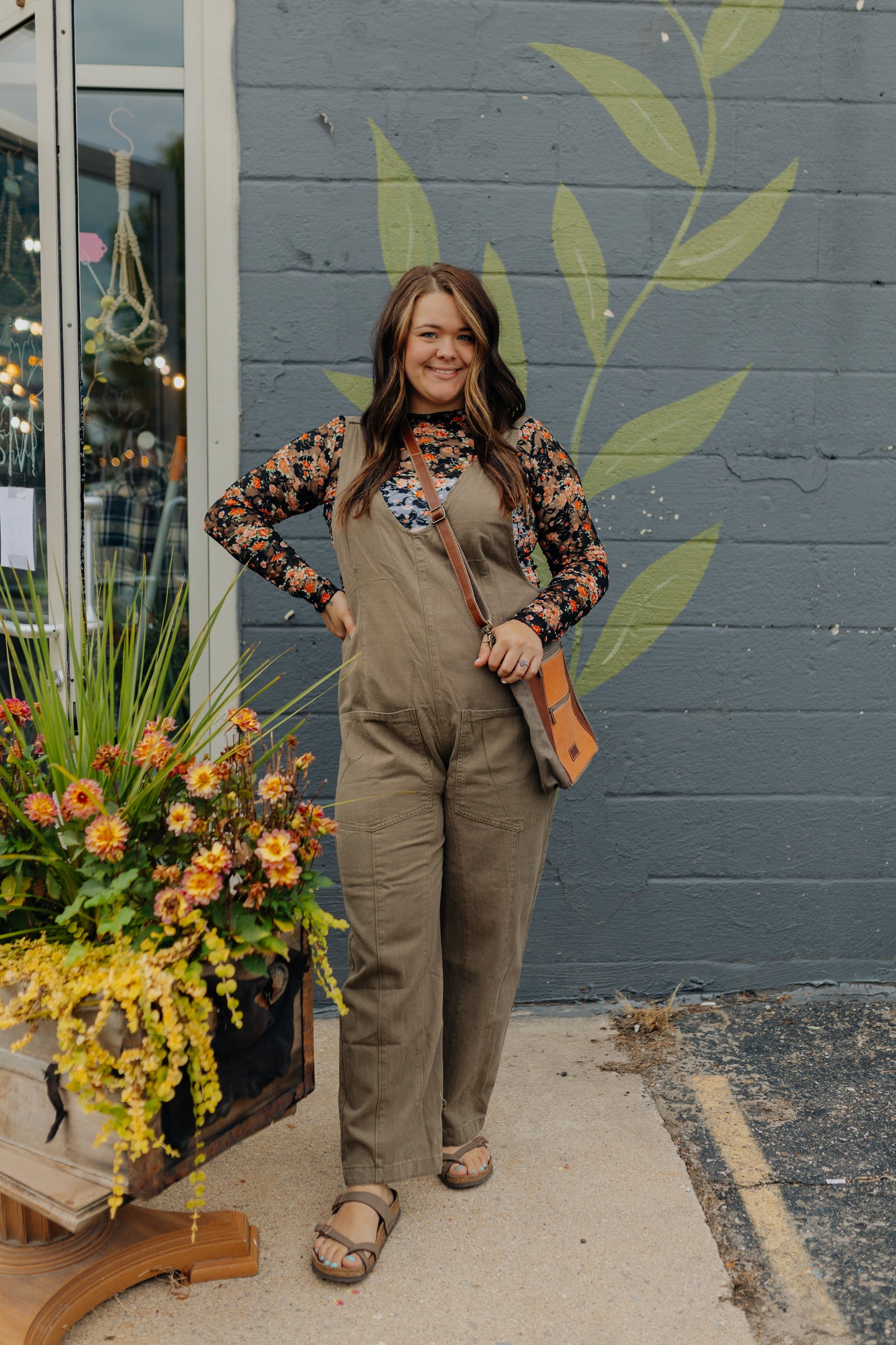 Scoop Neck Denim Jumpsuit - Olive