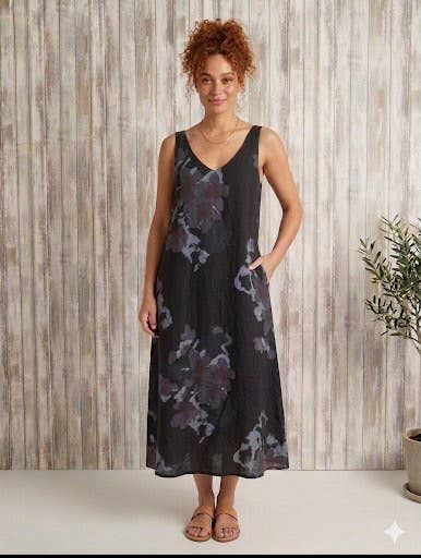 Linen Dress Tie on Back, Floral Print: Navy