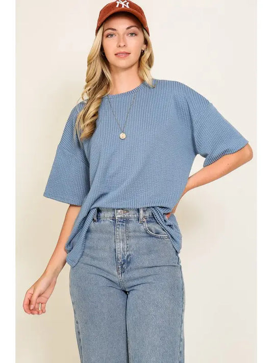 Waffle Knit Basic Top - Baby Blue