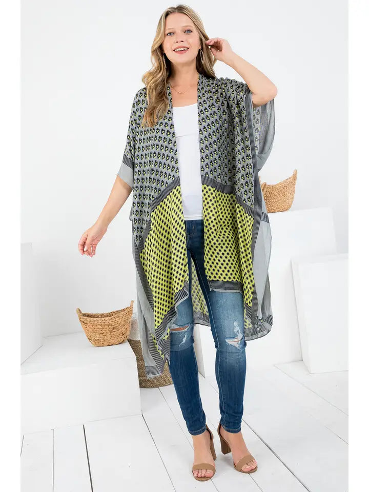 Green and Grey Print Kimono