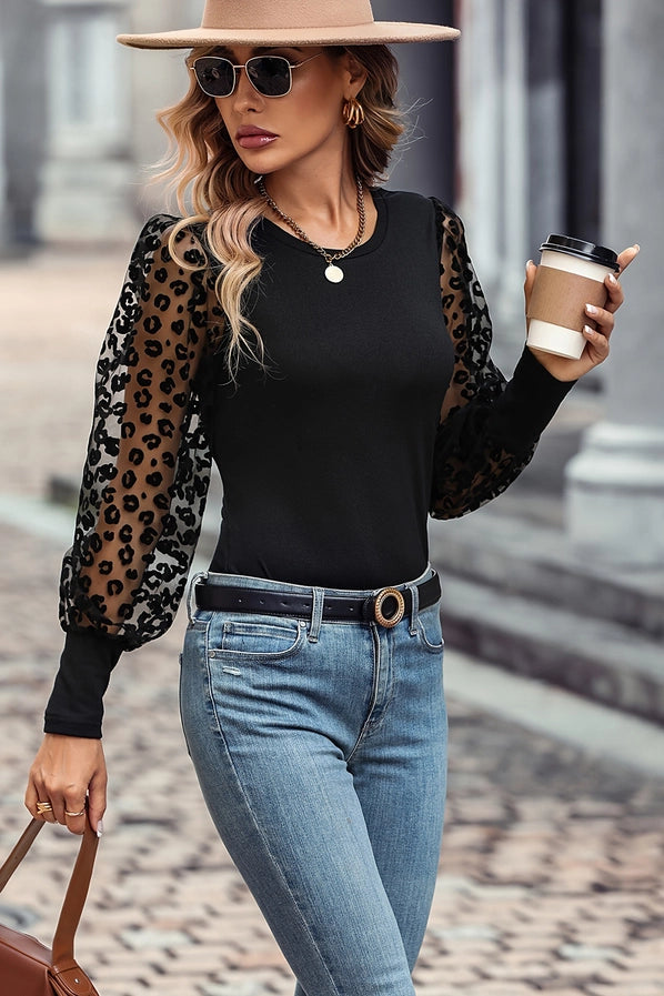 Black Leopard Print Puff Sleeves