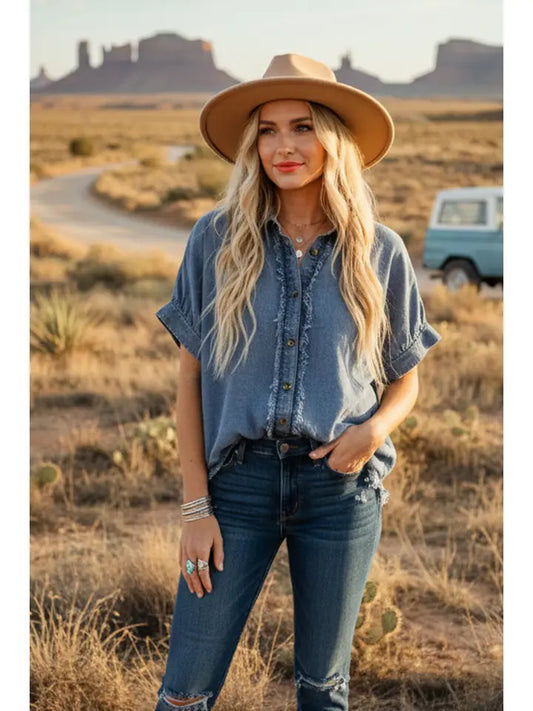 Frayed Trim Denim Button Top