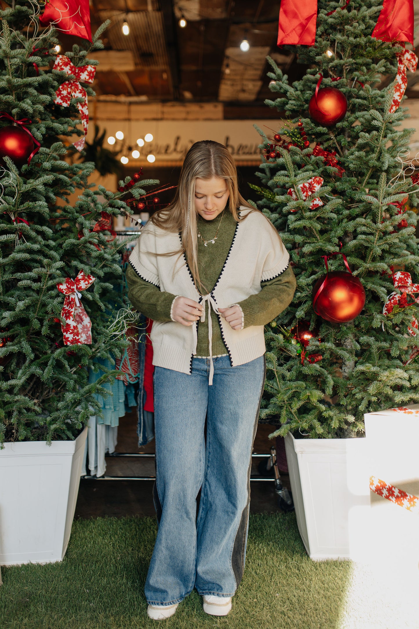 Ivory Crochet Trim Tie Front Knit Vest