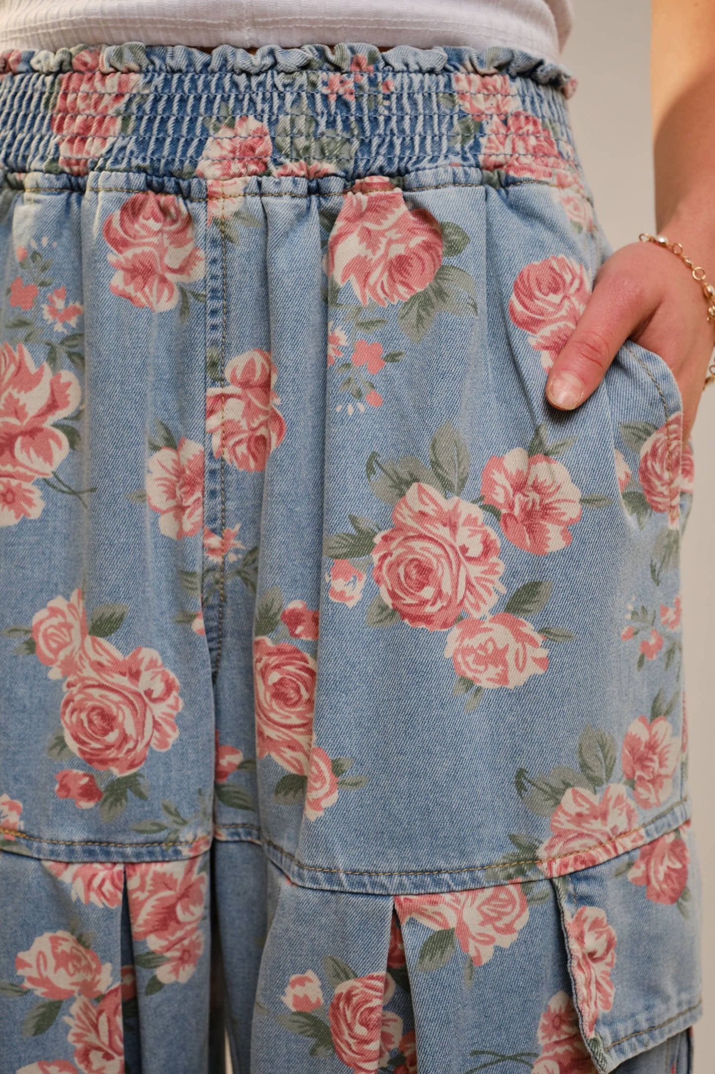 Rose Print Smocked Waist Cargo Pants