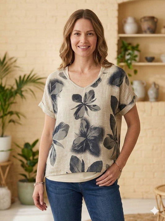 Classic Linen Top Butterly Print: Beige