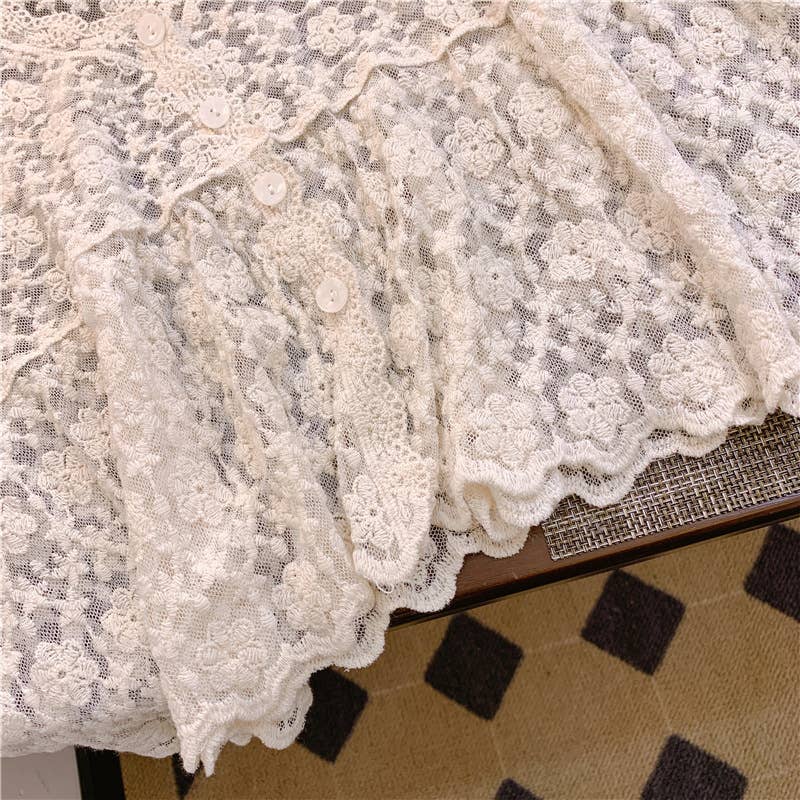 Embroidered Lace Short Sleeve Crop Top: Beige