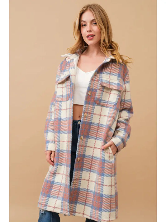 Blue & Pink Plaid Long Jacket