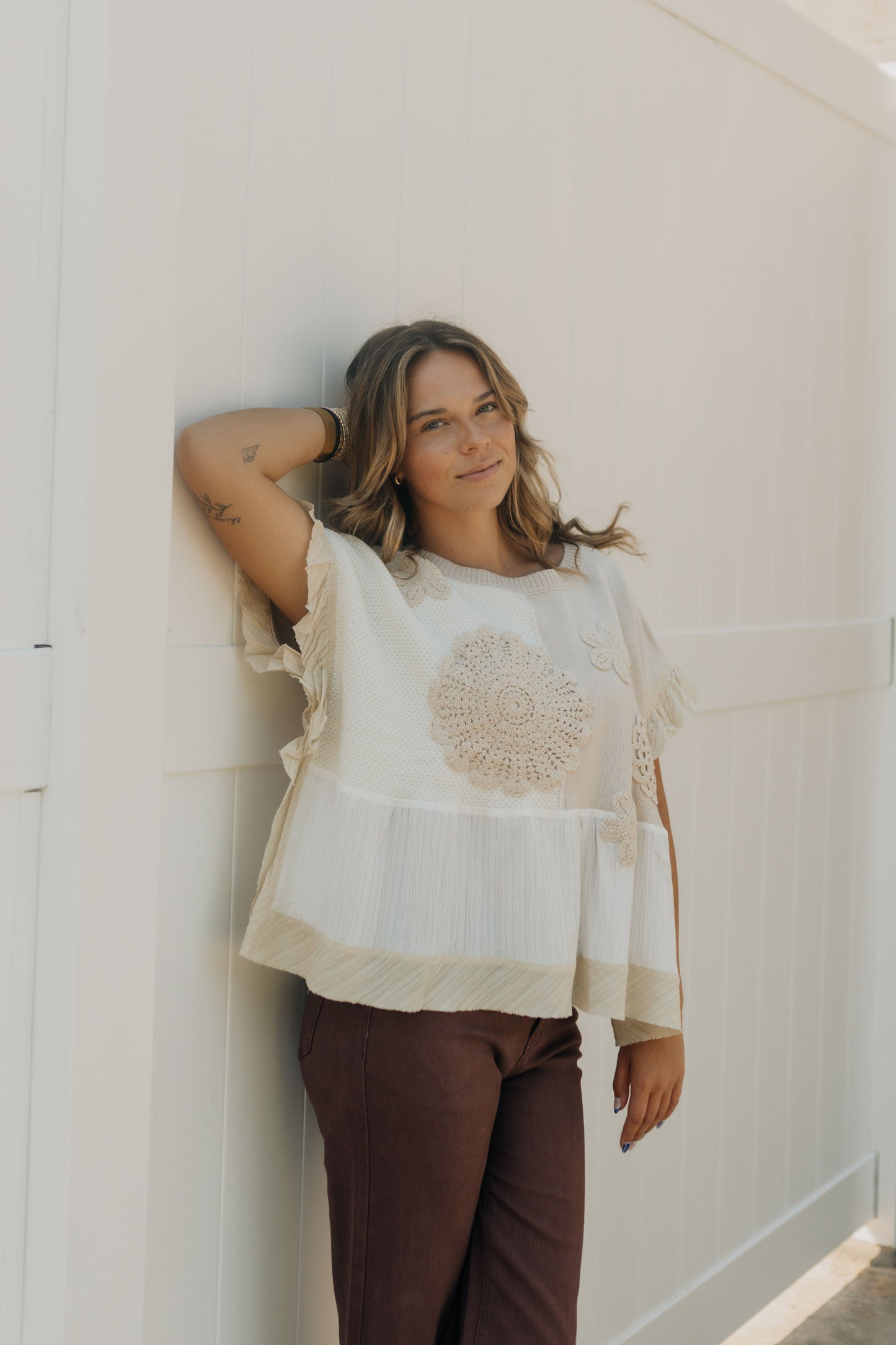 Sweater Textured Fabric Ruffle Detail Top