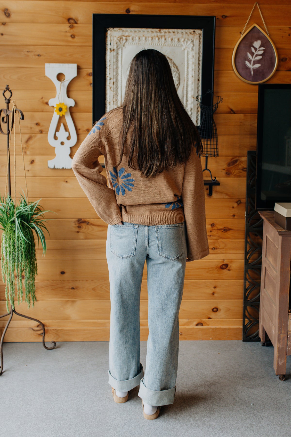 Khaki Floral Knit Sweater Ribbed