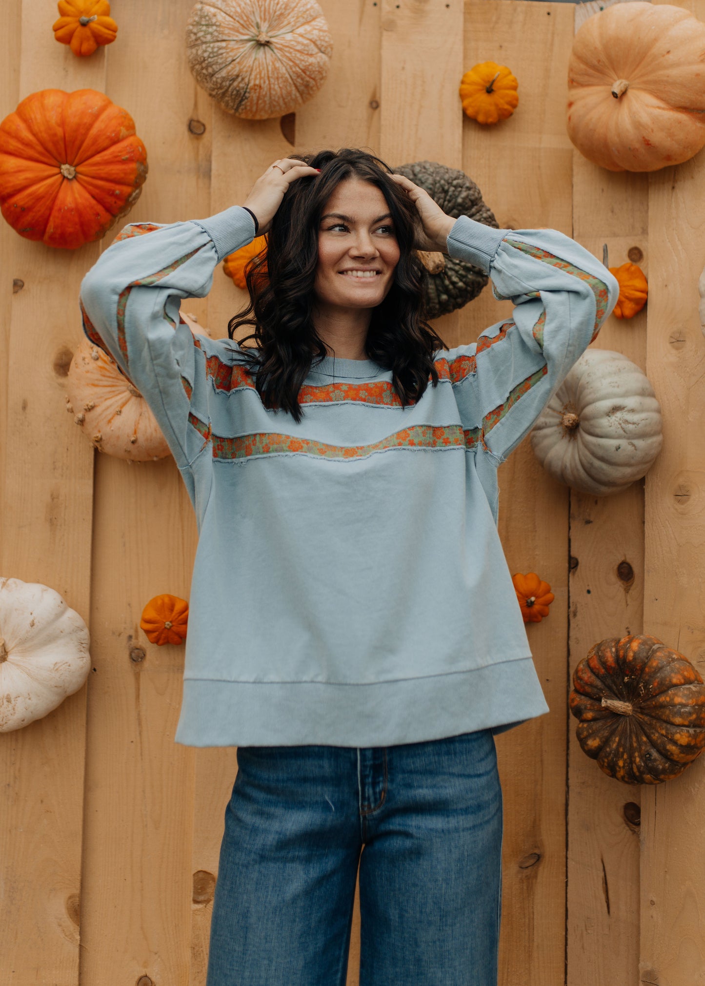 Dusty Blue and Orange Floral Crewneck