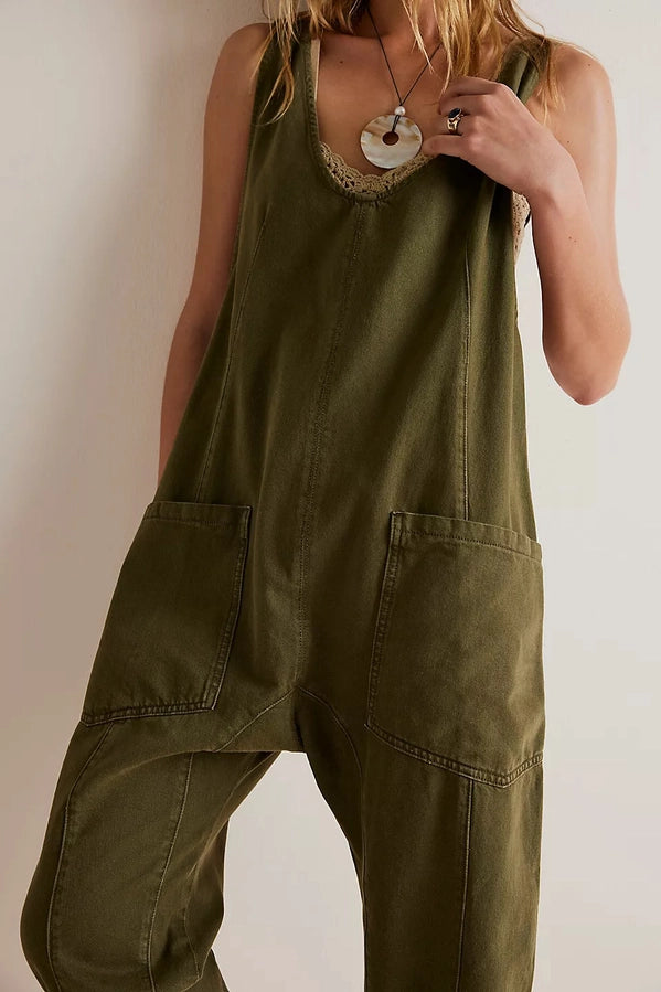 Scoop Neck Denim Jumpsuit - Olive