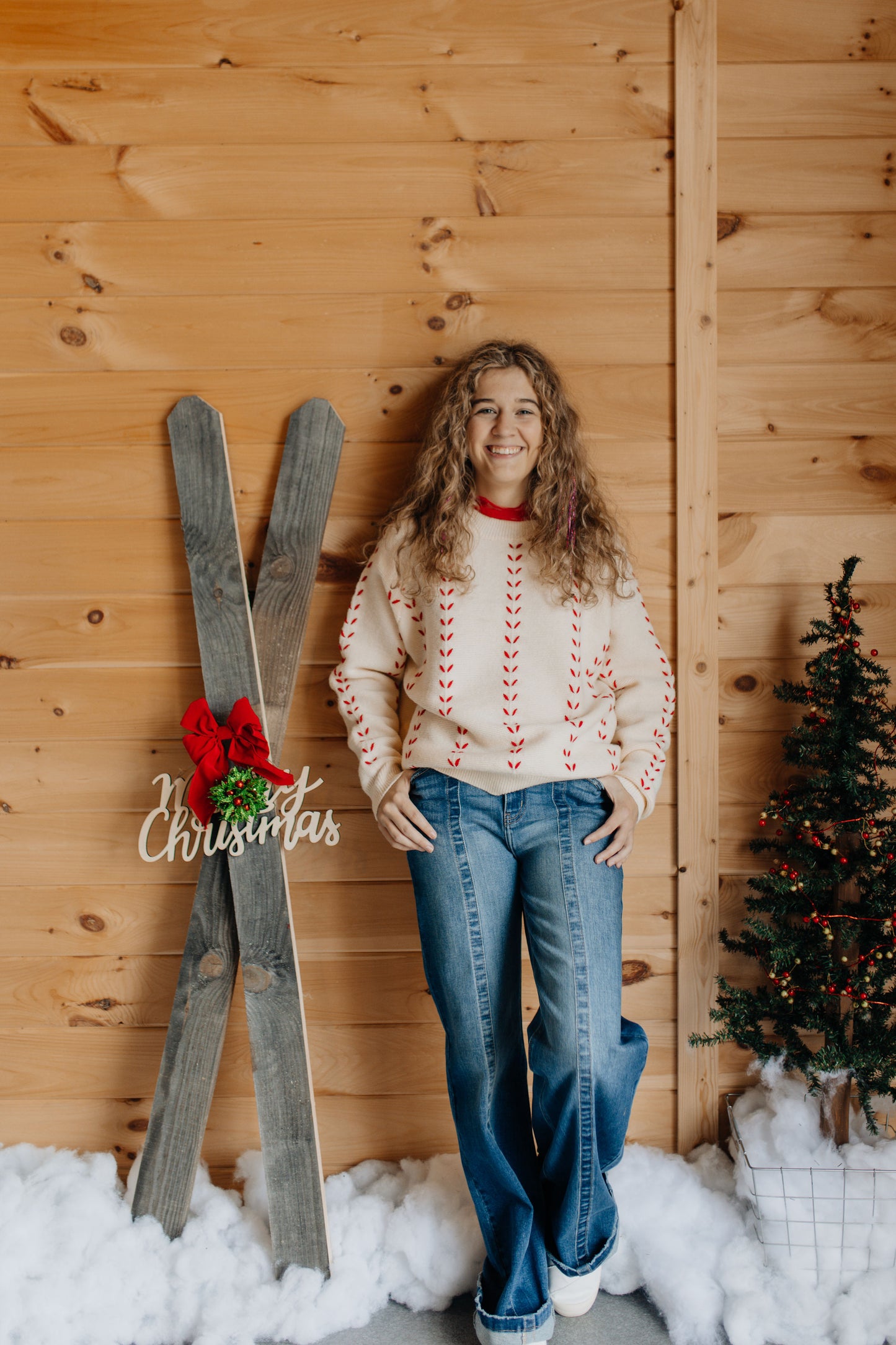 Ivory Sweater with Red Stitching