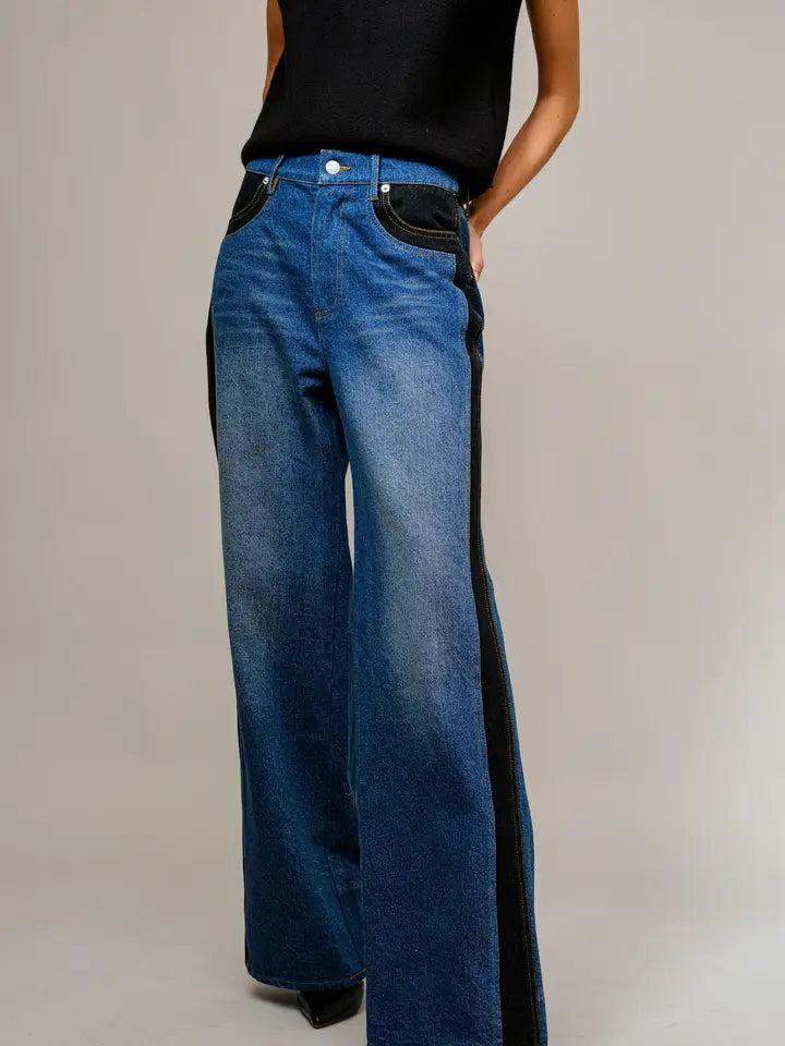 Two Tone Panel Wide Denim Jeans