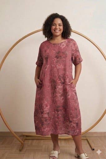 Linen Dress Classic Floral Print: Rose
