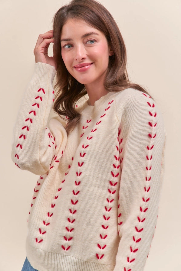 Ivory Sweater with Red Stitching
