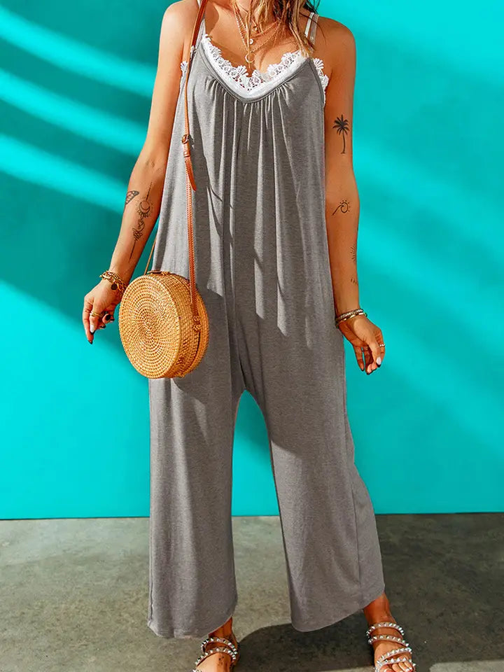 Grey Spaghetti Straps Wide Leg Jumpsuit