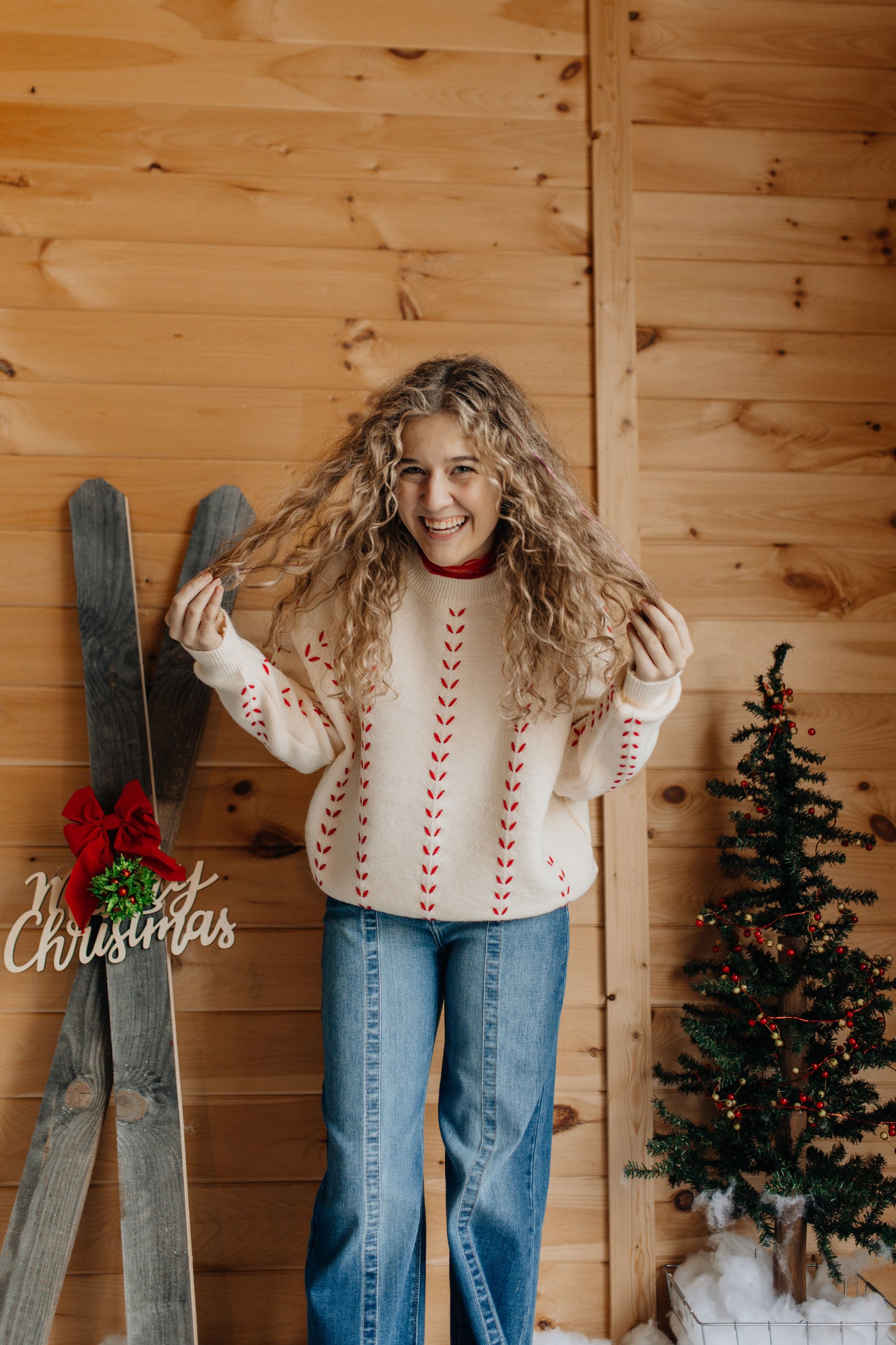 Ivory Sweater with Red Stitching