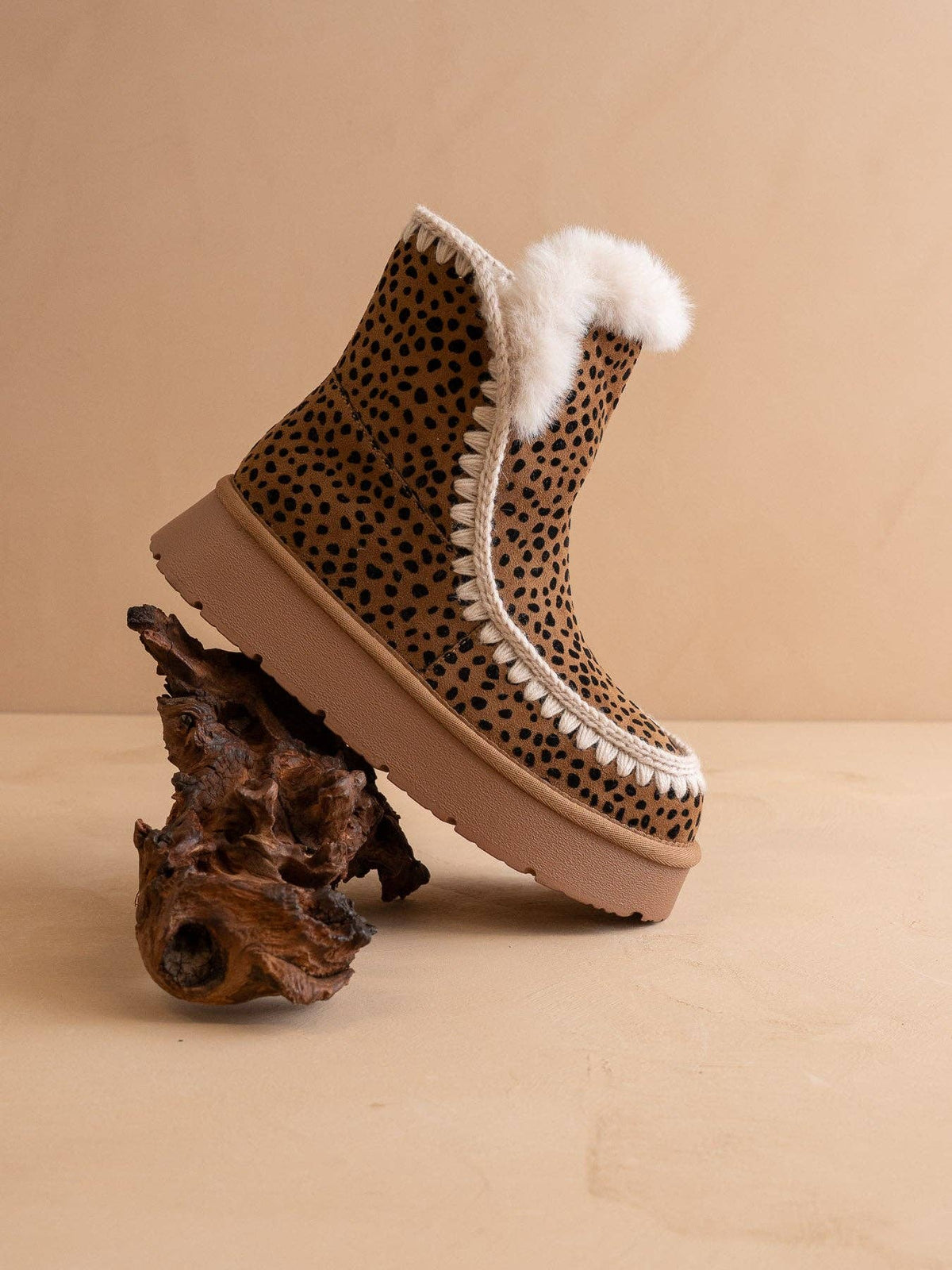 Dark Cheetah Shearling Trim Platform Boot