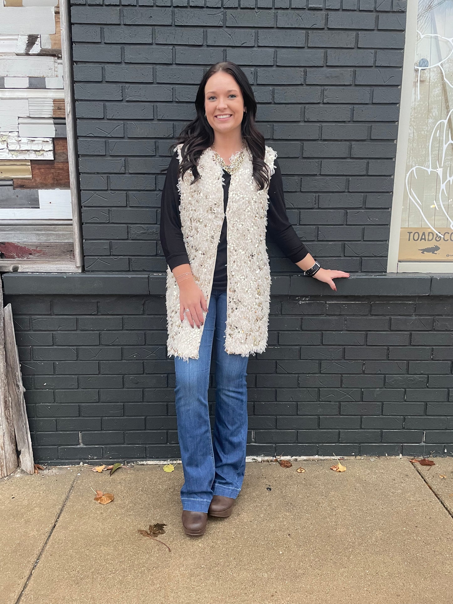 Sequin Fuzzy Long Vest