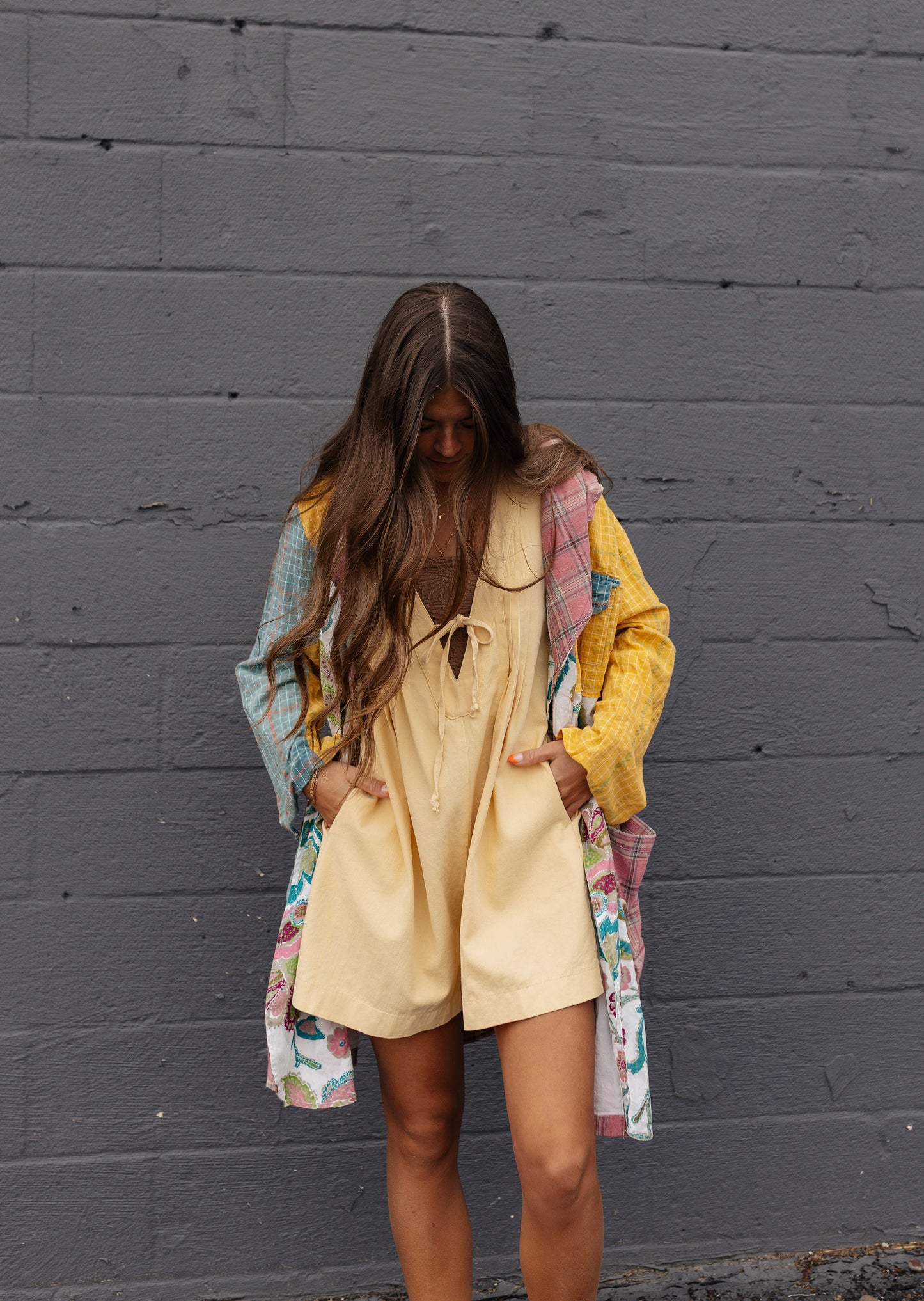 Multi-Colored Patchwork Wide Collar Jacket