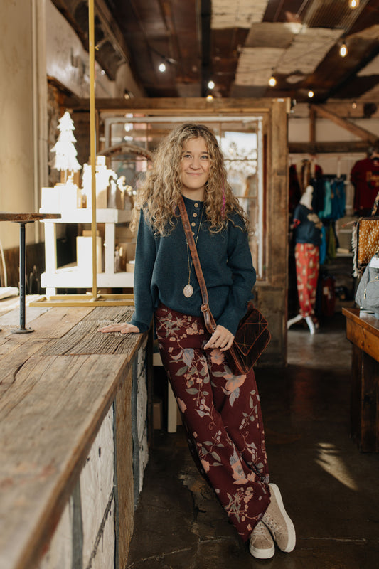 Flower Print Twill Pants - Burgundy