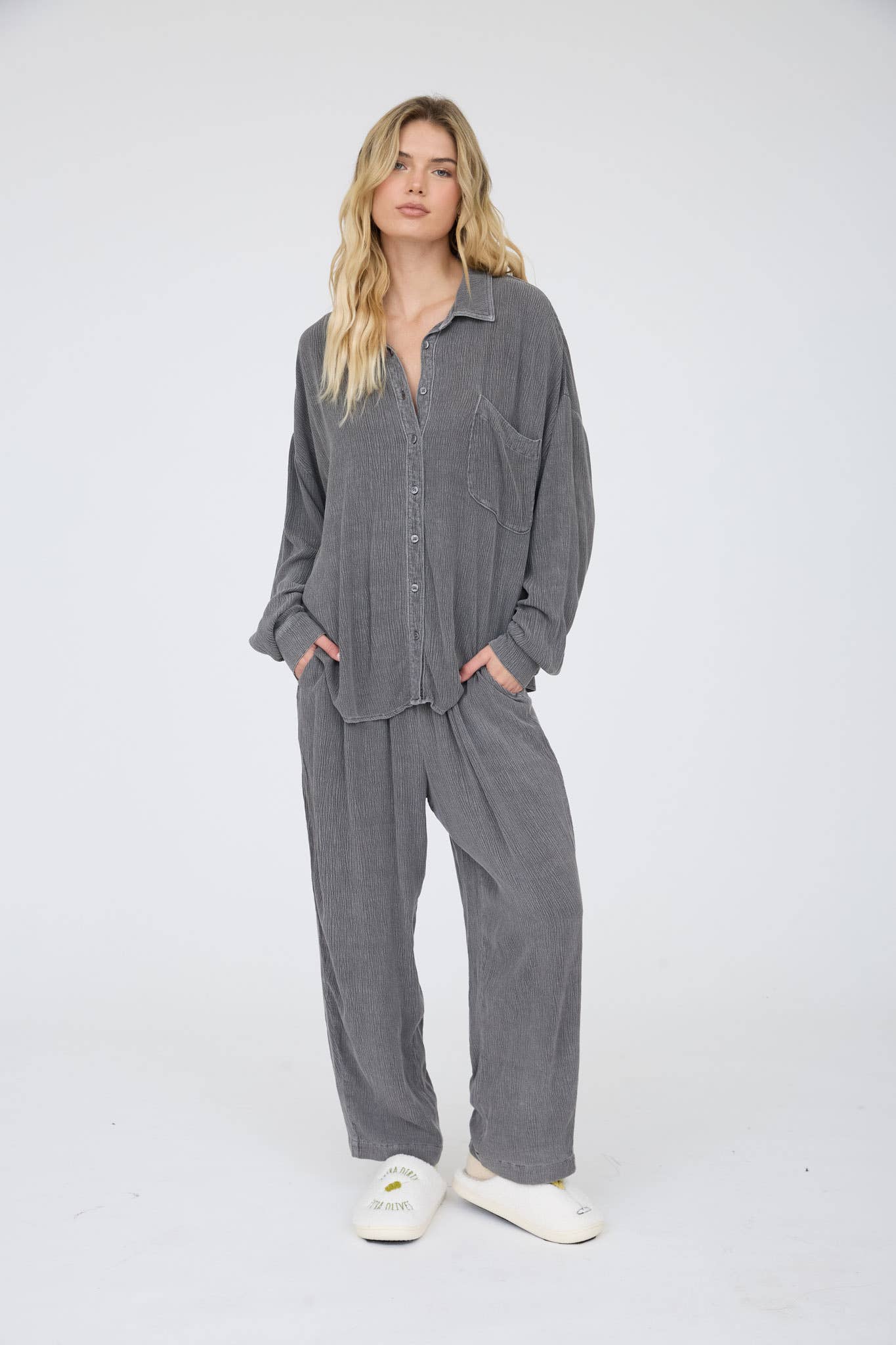 Crinkle Button Down - Charcoal