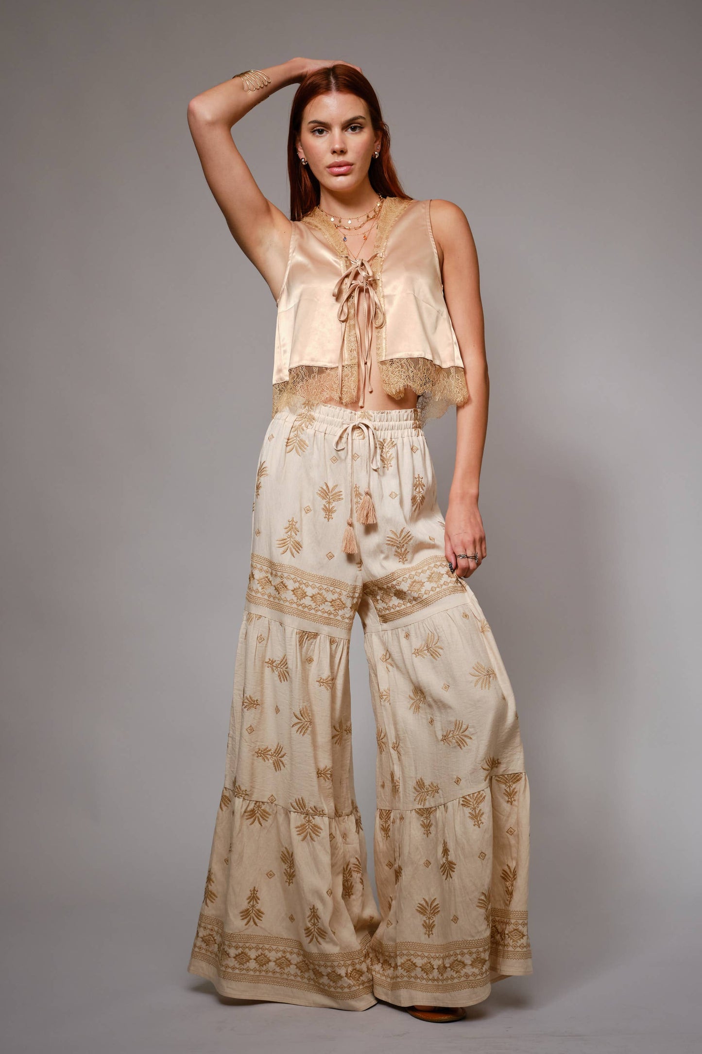 Embroidered Tassel Tie Front Tiered Palazzo Pants
