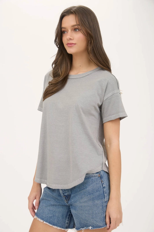 Grey Exposed Seam Raw Edge Short Sleeve