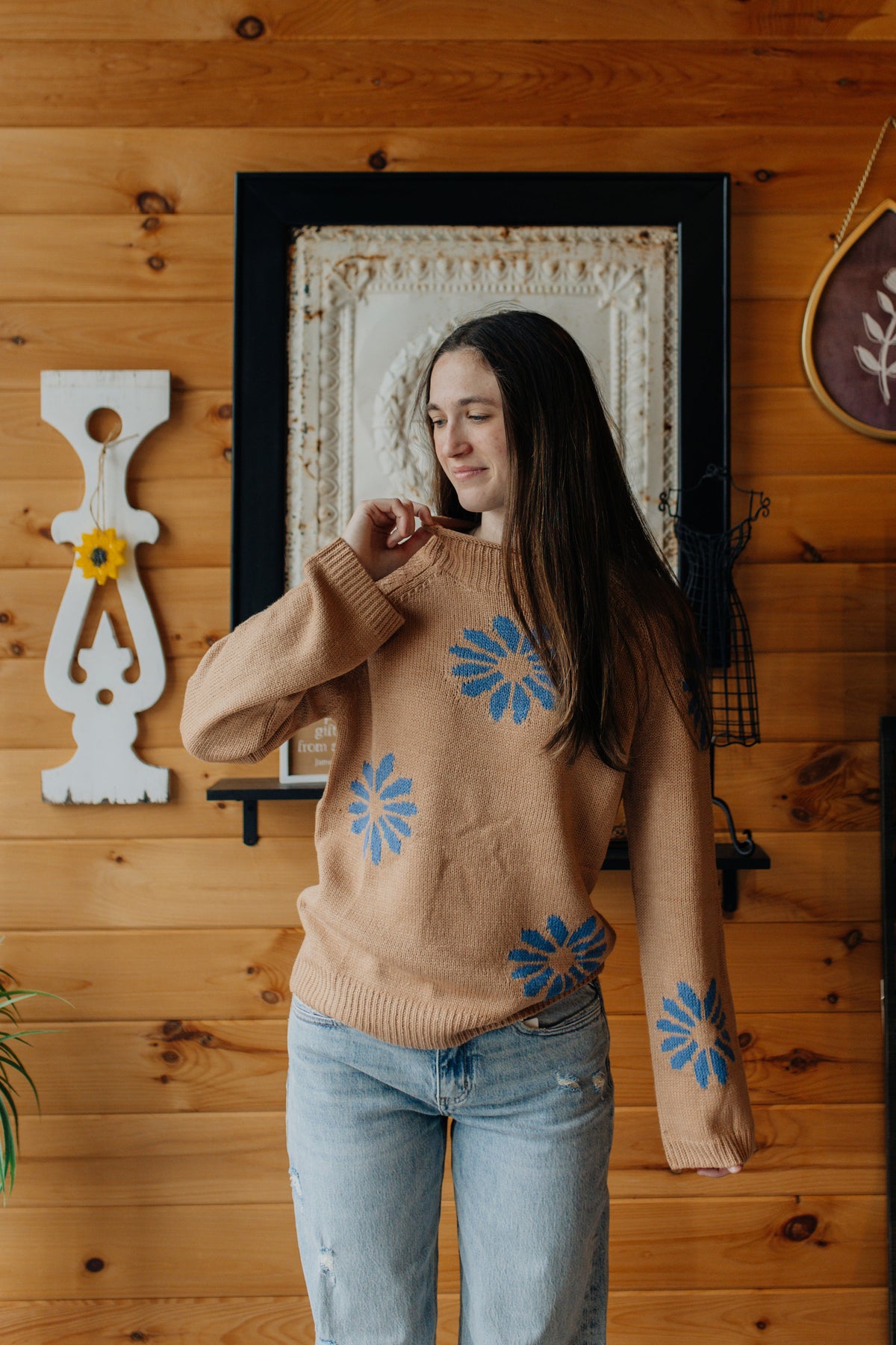 Khaki Floral Knit Sweater Ribbed