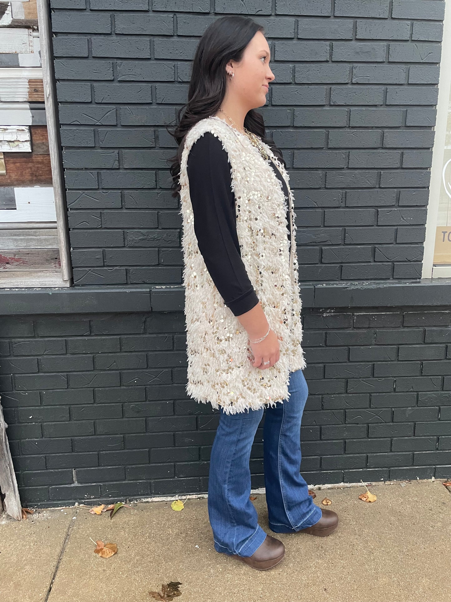 Sequin Fuzzy Long Vest