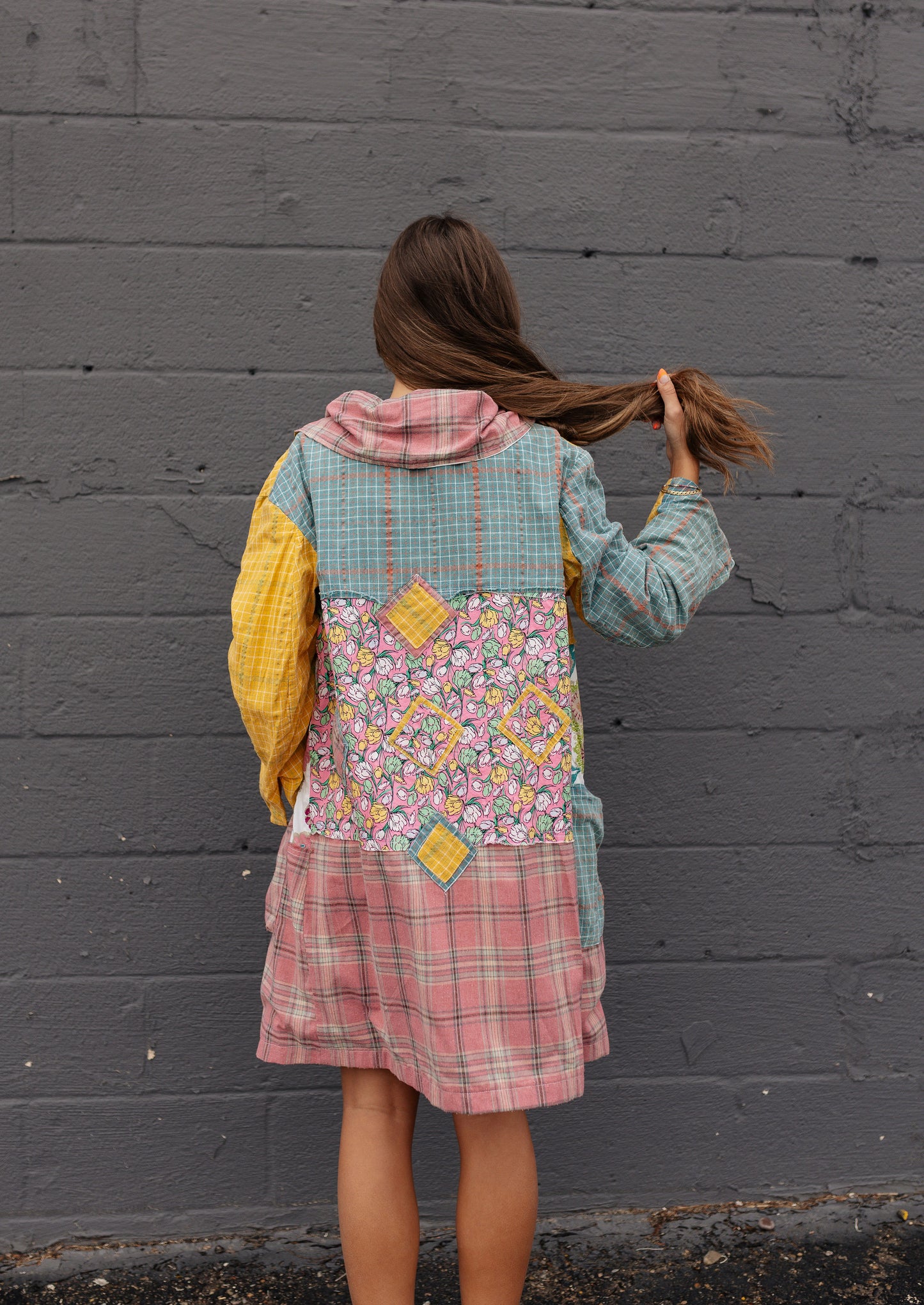 Multi-Colored Patchwork Wide Collar Jacket