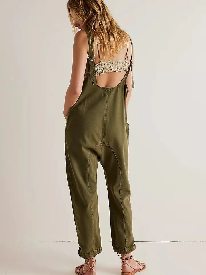 Scoop Neck Denim Jumpsuit - Olive