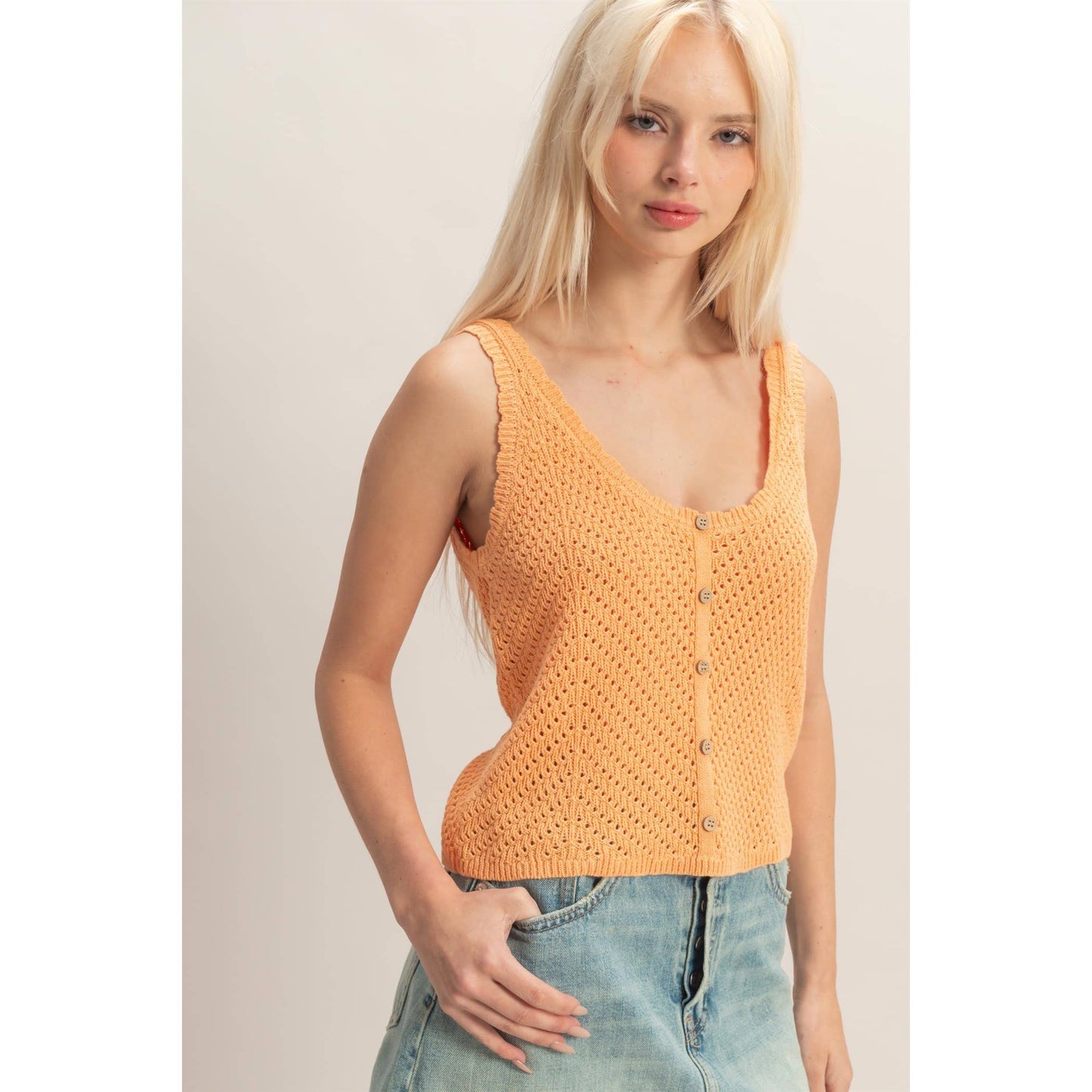 Apricot Open Knit Scallop Tank