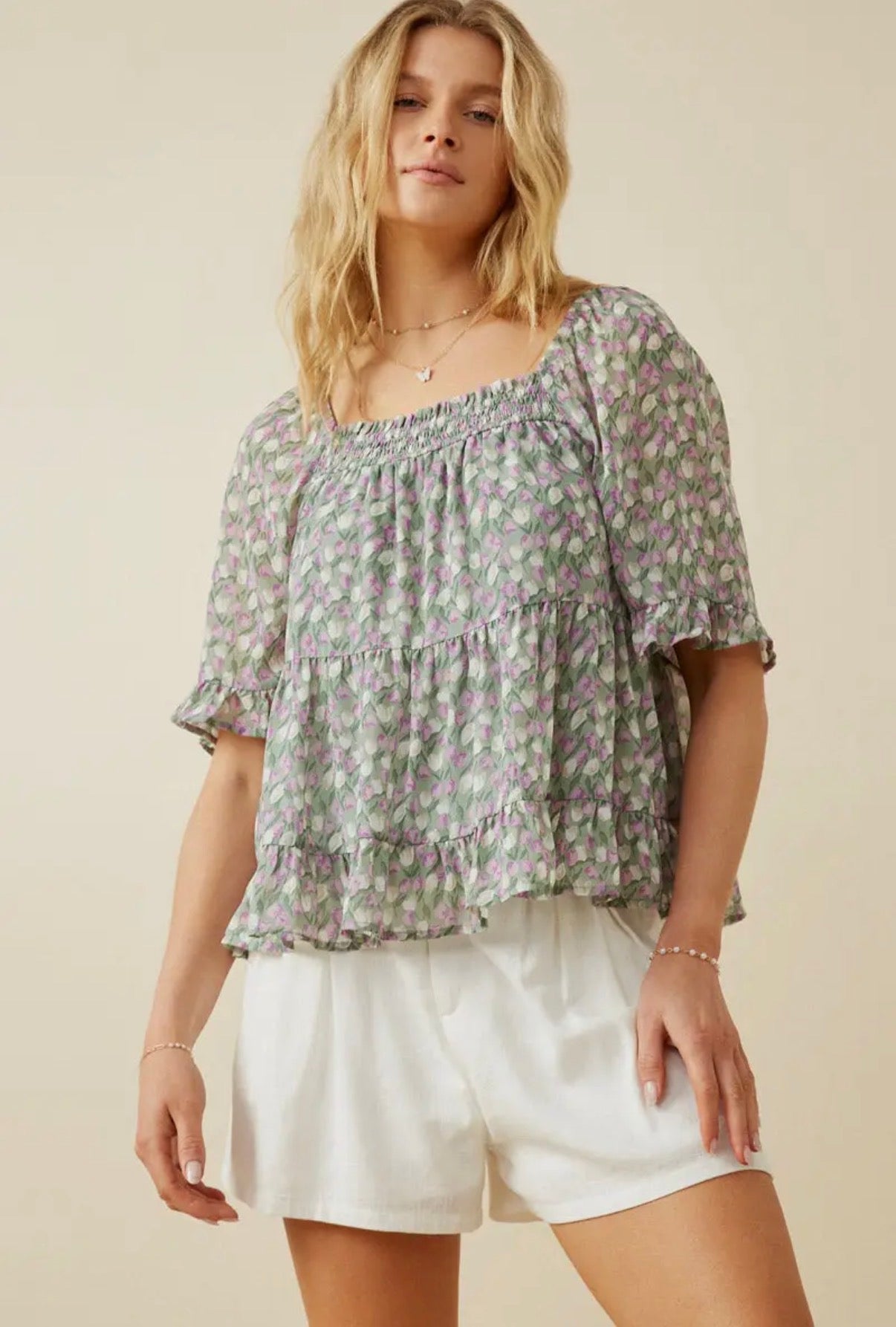 Lavender Smocked Floral Blouse