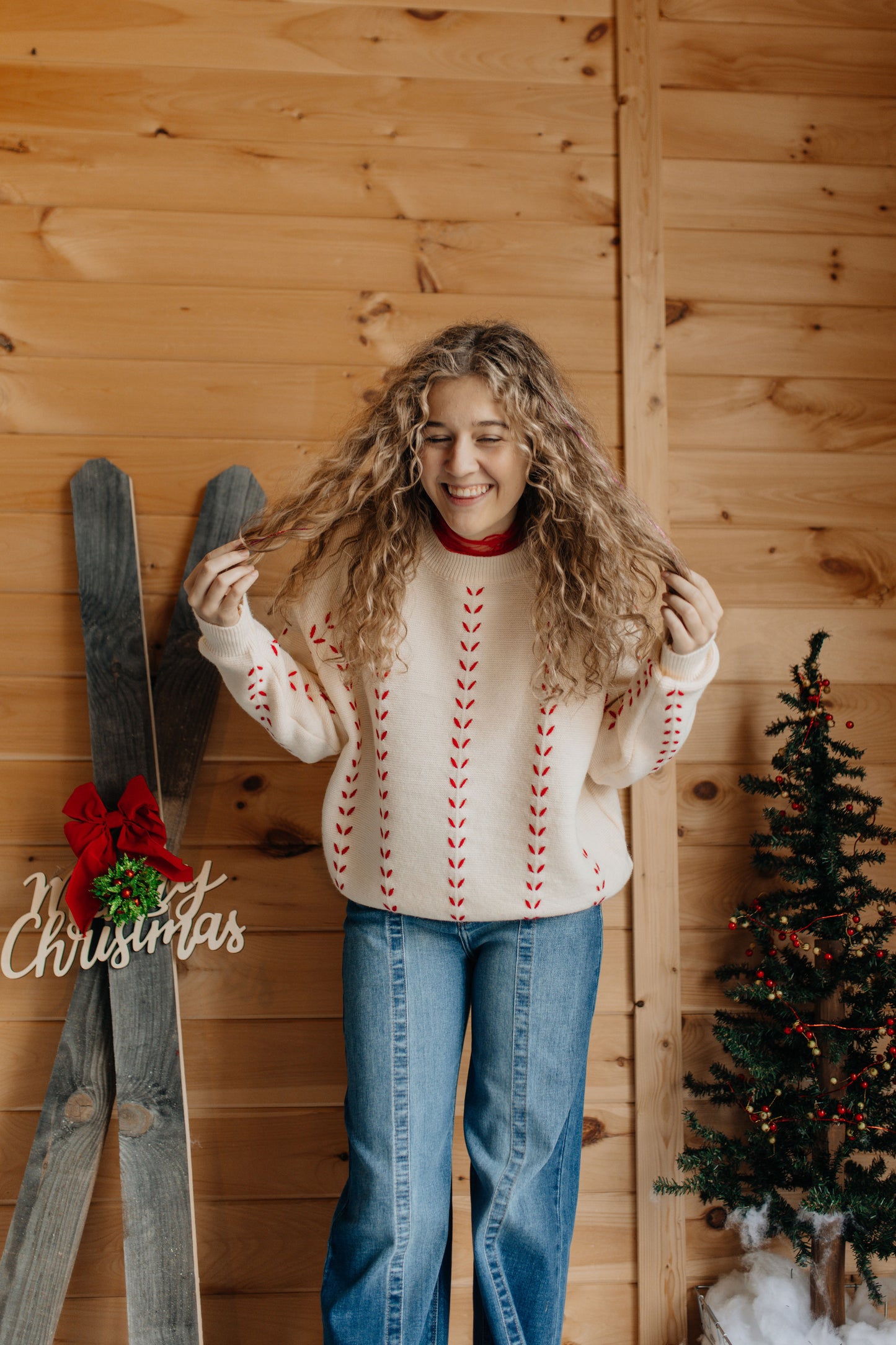 Ivory Sweater with Red Stitching