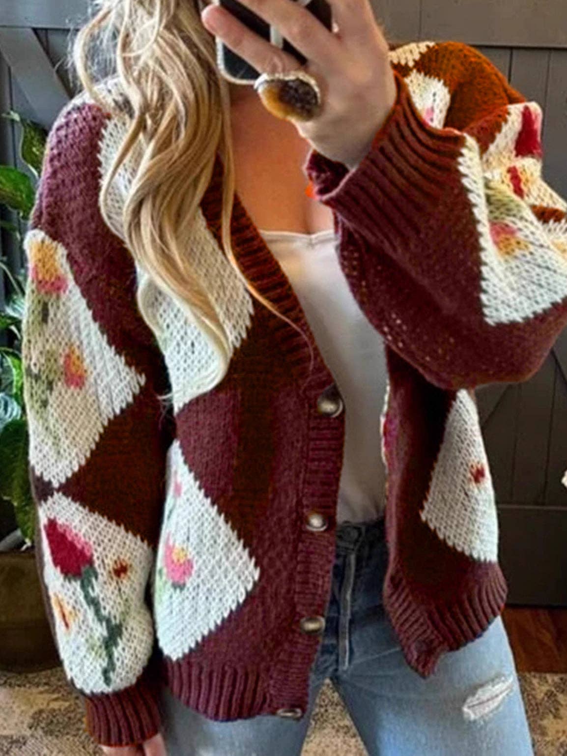Color Block Floral Button Cardigan