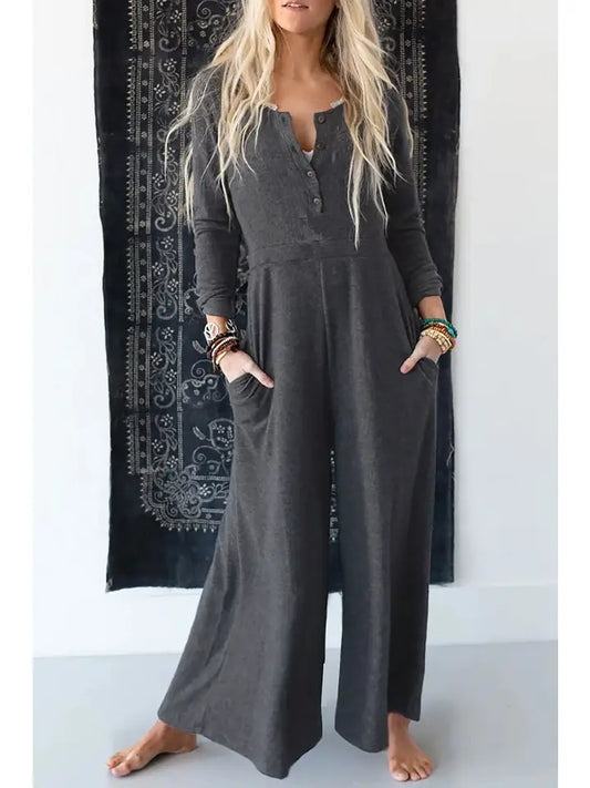 Ash Gray Long Sleeve Wide Leg Jumpsuit