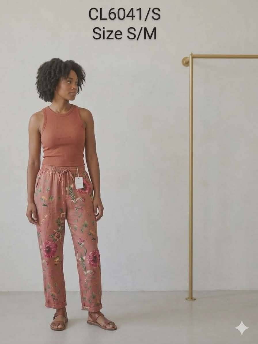 Linen Pants Floral Print: Dusty Rose