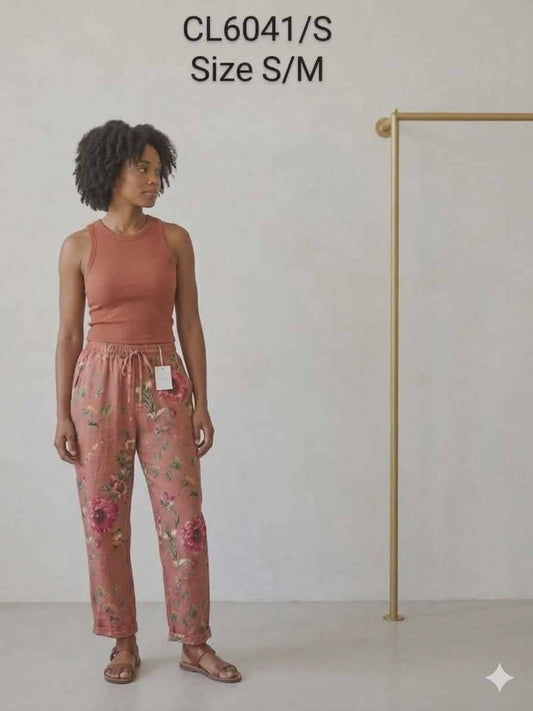 Linen Pants Floral Print: Dusty Rose