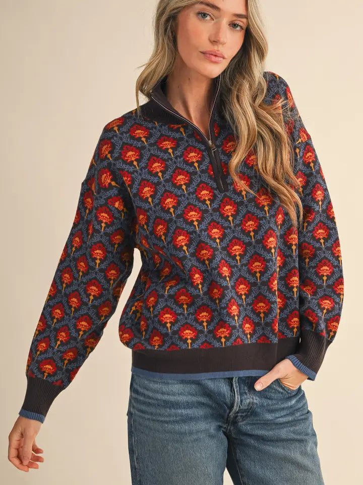 Floral Mock Neck Half Zip Pullover