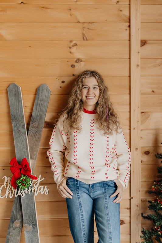 Ivory Sweater with Red Stitching