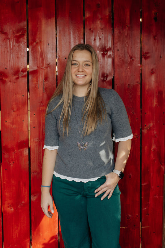 Grey Sweater Top with Lace Sleeves