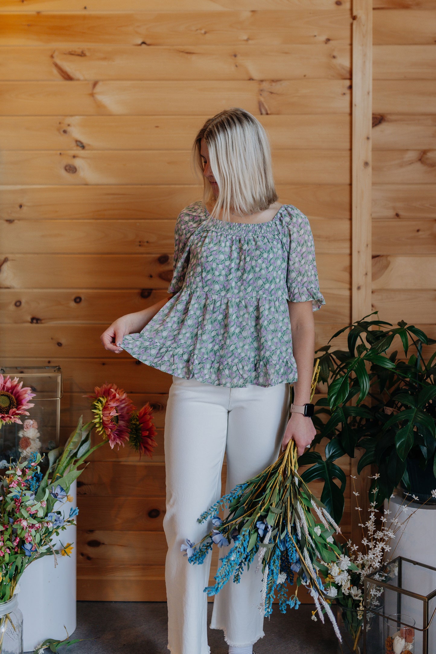 Lavender Smocked Floral Blouse
