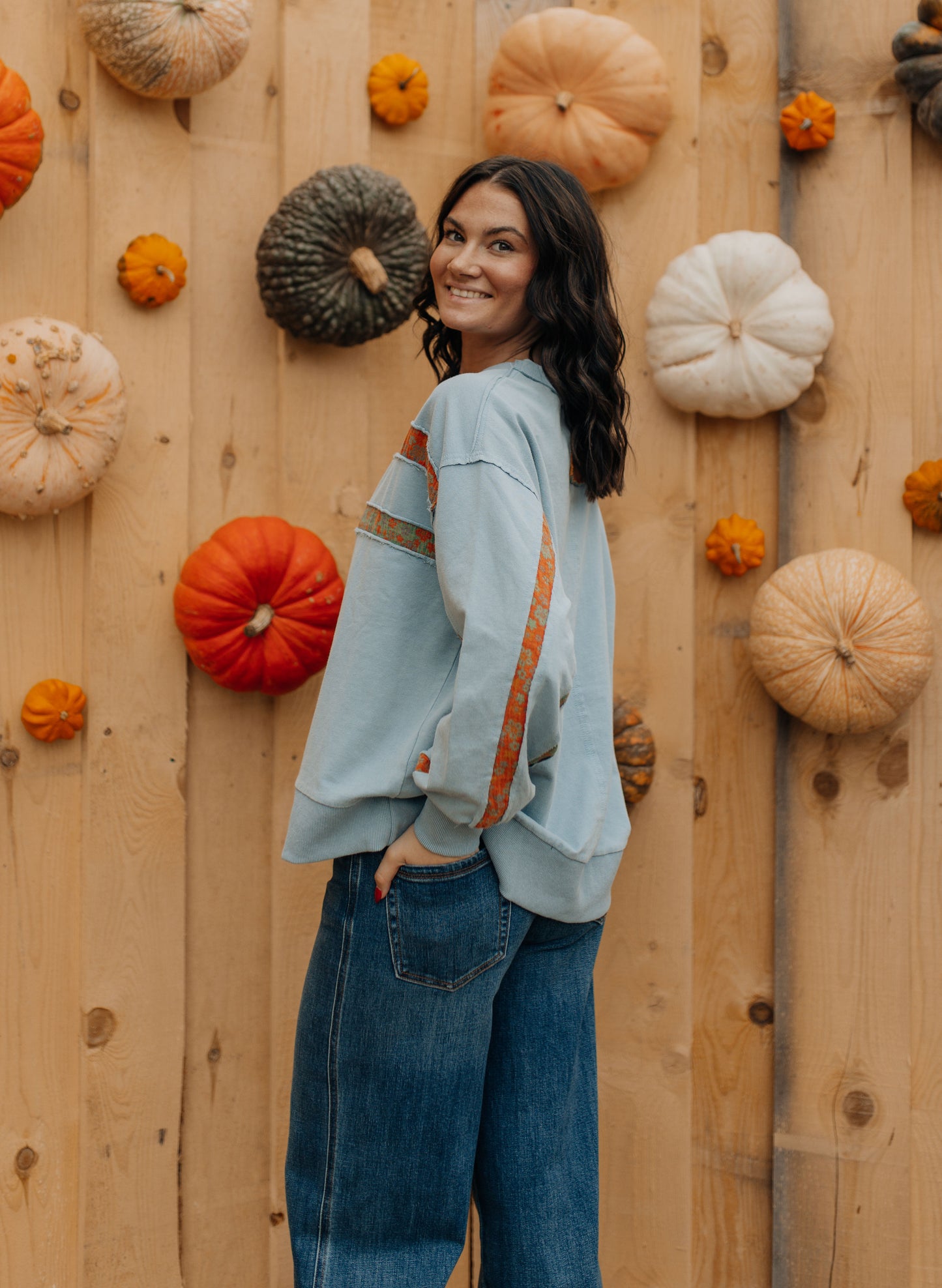 Dusty Blue and Orange Floral Crewneck