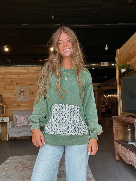 Dark Green Lace Pocket Crewneck