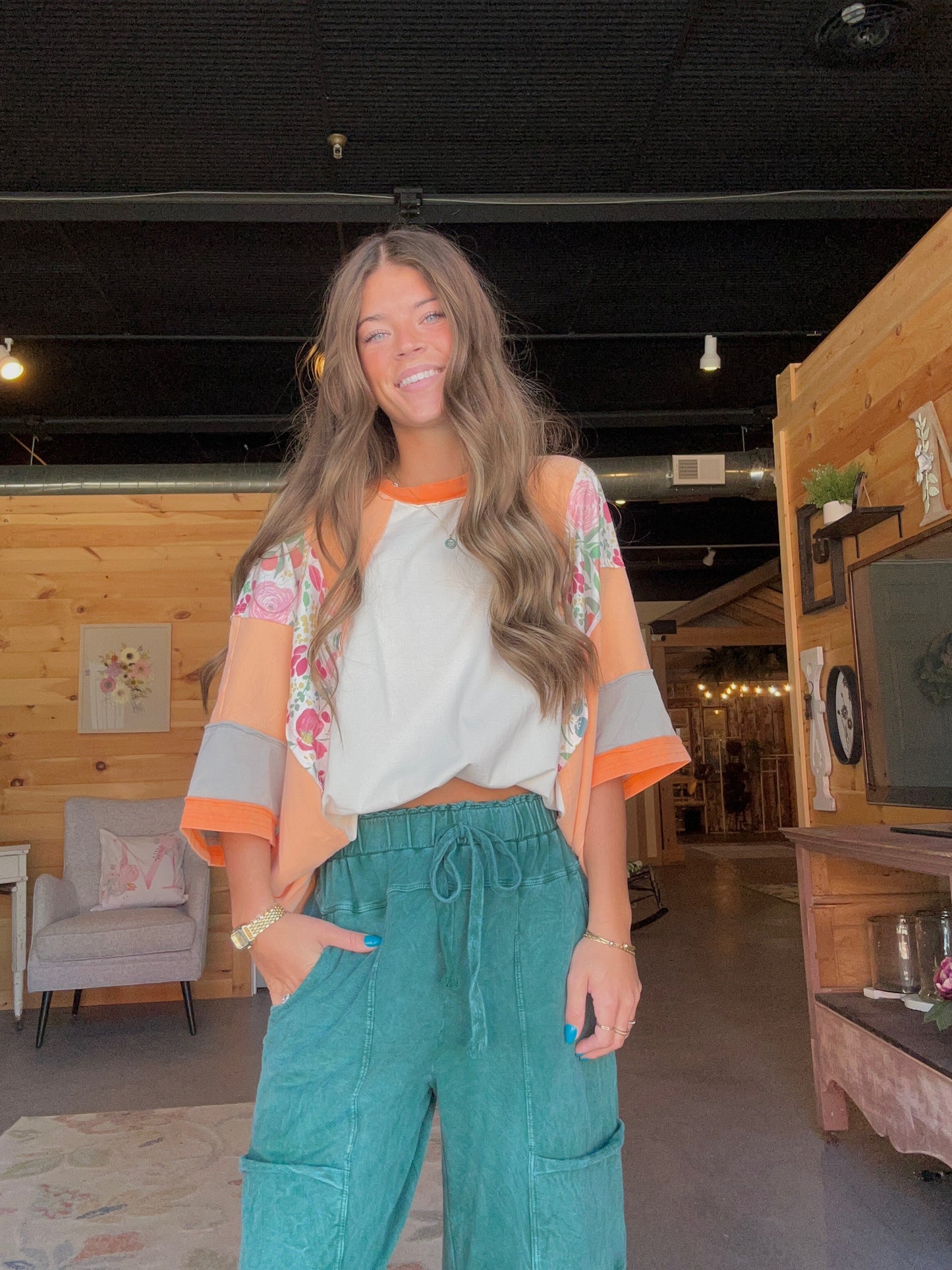 Orange Floral Sleeve Top